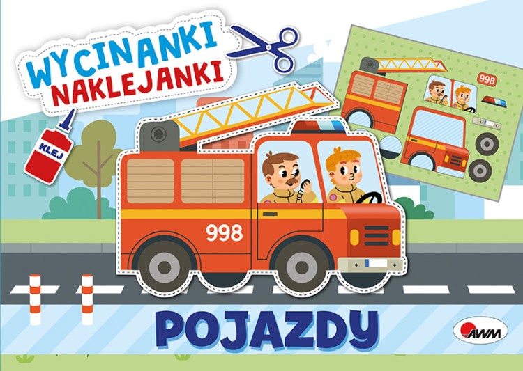 Okładka książki z wycinankami pt. Pojazdy z serii Wycinanki, naklejanki przedstawiająca wóz strażacki