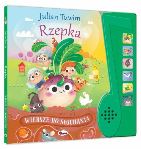 Okładka 3D książki dźwiękowej z panelem pt. Rzepka autorstwa Juliana Tuwima z ilustracją rzepki oraz innych postaci występujących w wierszu