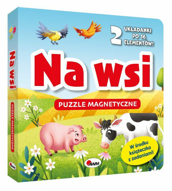 Okładka 3D książki z zadaniami i puzzlami magnetycznymi pt. Na wsi przedstawiająca krówkę i świnkę na łące