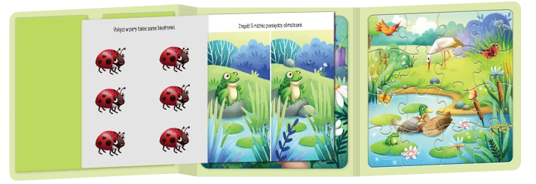 Wizualizacja 3D książki z zadaniami i puzzlami magnetycznymi pt. Na łące przedstawiające zadania oraz puzzle