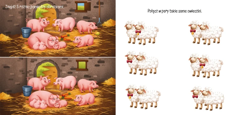 Wnętrze książki z zadaniami pt. Na wsi przedstawiające strony z zadaniami