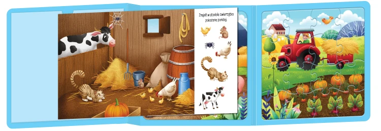 Wizualizacja 3D książki z zadaniami i puzzlami magnetycznymi pt. Na wsi przedstawiająca zadania i puzzle