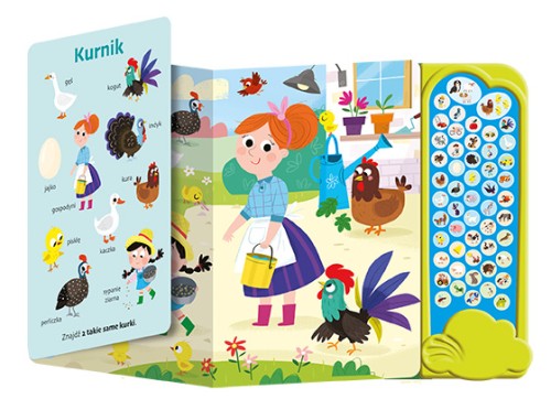 Wnętrze 3D książki dźwiękowej z panelem pt. Na wsi z serii Świat dźwięków przedstawiające gospodynię i zwierzęta w kurniku