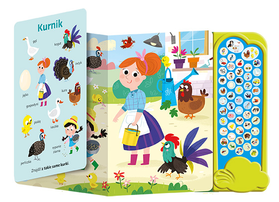Wnętrze 3D książki dźwiękowej z panelem pt. Na wsi z serii Świat dźwięków przedstawiające gospodynię i zwierzęta w kurniku