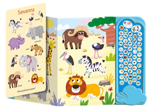 Wnętrze 3D książki dźwiękowej z panelem pt. Zwierzęta z serii Świat dźwięków przedstawiające zwierzęta na sawannie