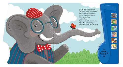 Wnętrze książki dźwiękowej z panelem pt. Słoń Trąbalski autorstwa Juliana Tuwima z ilustracją słonia w okularach w czapce i z muszką