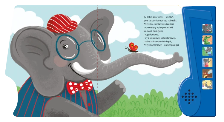 Wnętrze książki dźwiękowej z panelem pt. Słoń Trąbalski autorstwa Juliana Tuwima z ilustracją słonia w okularach w czapce i z muszką
