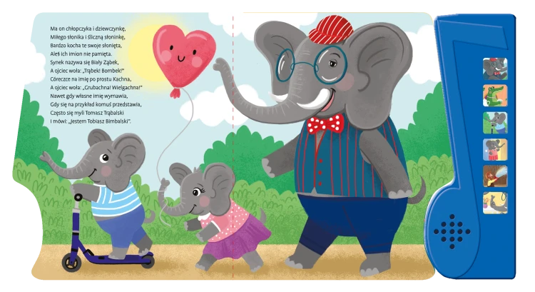 Wnętrze książki dźwiękowej z panelem pt. Słoń Trąbalski autorstwa Juliana Tuwima z ilustracją słonia idącego na spacer ze słoniątkami