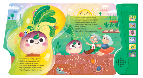 Wnętrze książki dźwiękowej z panelem pt. Rzepka autorstwa Juliana Tuwima z ilustracją rzepki oraz babci i dziadka