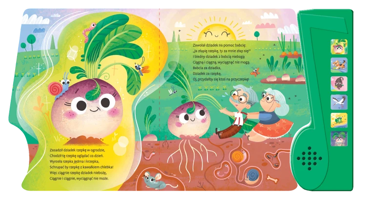 Wnętrze książki dźwiękowej z panelem pt. Rzepka autorstwa Juliana Tuwima z ilustracją rzepki oraz babci i dziadka