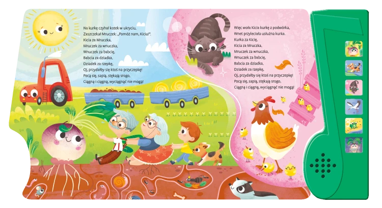 Wnętrze książki dźwiękowej z panelem pt. Rzepka autorstwa Juliana Tuwima z ilustracją rzepki oraz kilku postaci występujących w wierszu i traktora