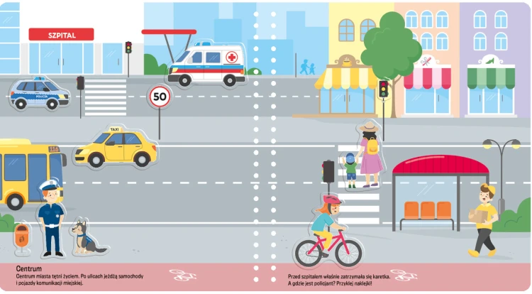 Wnętrze książki z naklejkami wielokrotnego użytku pt. Miasto z serii Naklej, odklej przedstawiające ulicę z pojazdami i przechodniami