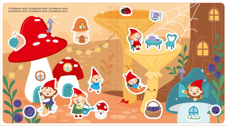 Wnętrze książki z naklejkami wielokrotnego użytku pt. Magiczna kraina z serii Naklej, odklej przedstawiające krasnoludki w zaczarowanym lesie