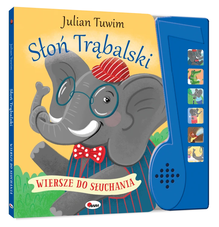 Okładka 3D książki dźwiękowej z panelem pt. Słoń Trąbalski autorstwa Juliana Tuwima z ilustracją słonia z zawiązaną na supeł trąbą