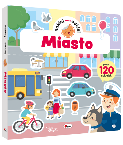 Okładka 3D książki z naklejkami wielokrotnego użytku pt. Miasto z serii Naklej, odklej przedstawiająca ulicę z pojazdami i przechodniami