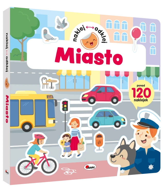 Okładka 3D książki z naklejkami wielokrotnego użytku pt. Miasto z serii Naklej, odklej przedstawiająca ulicę z pojazdami i przechodniami