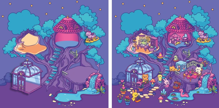 Wnętrze książki Magiczna kraina z serii Cosy stickers przedstawiające domki na drzewie z wzorem do wyklejania