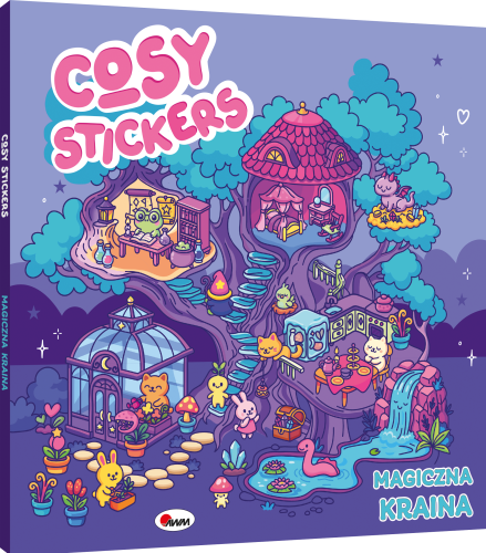 Okładka 3D książki Magiczna kraina z serii Cosy stickers przedstawiająca domki na drzewie