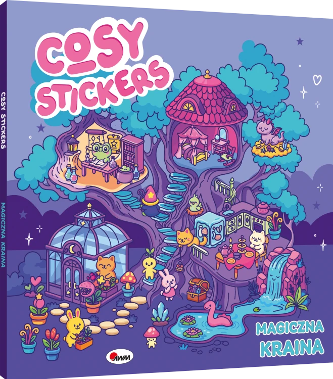 Okładka 3D książki Magiczna kraina z serii Cosy stickers przedstawiająca domki na drzewie