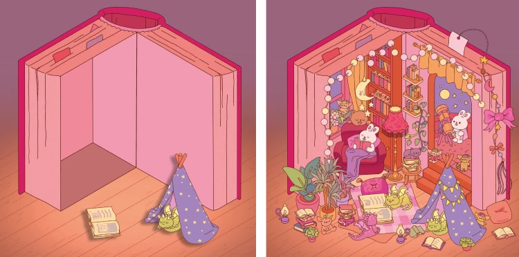 Wnętrze książki Magiczna kraina z serii Cosy stickers przedstawiające bibliotekę z wzorem do wyklejania