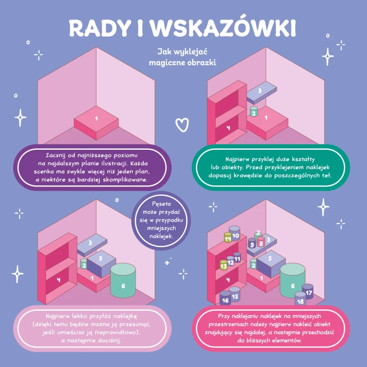 Wnętrze książki Magiczna kraina z serii Cosy stickers przedstawiające instrukcję wyklejania