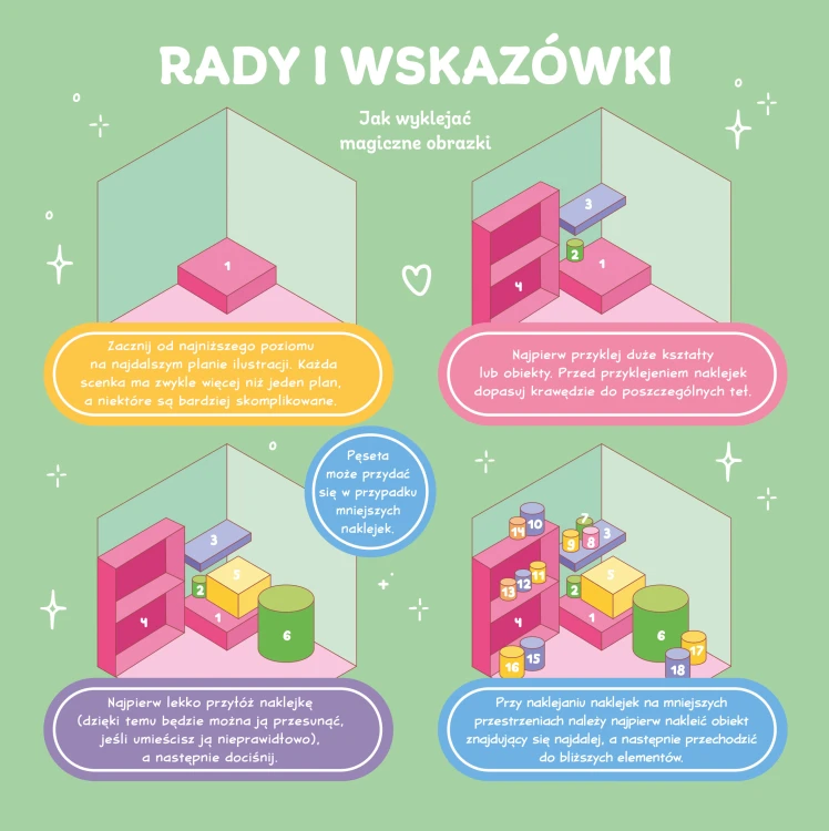 Wnętrze książki Urocze miasteczko z serii Cosy stickers przedstawiające instrukcję wyklejania