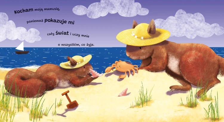 Wnętrze książki obrazkowej - picturebooka - pt. Kocham cię, mamusiu, przedstawiające wiewiórki na plaży