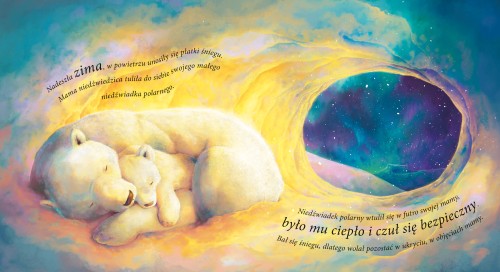 Wnętrze książki obrazkowej - picturebooka - pt. Niedźwiadek polarny, przedstawiające mamę niedźwiedzicę i małego misia śpiących w jaskini