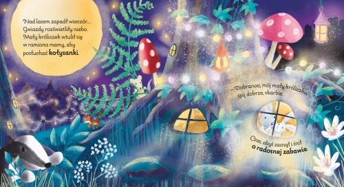 Wnętrze książki obrazkowej - picturebooka - pt. Dobranoc, śpij dobrze, przedstawiające króliczki w oknie na tle nocnego lasu