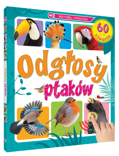 Okładka 3D książki pt. 60 dźwięków. Odgłosy ptaków przedstawiająca różne ptaki
