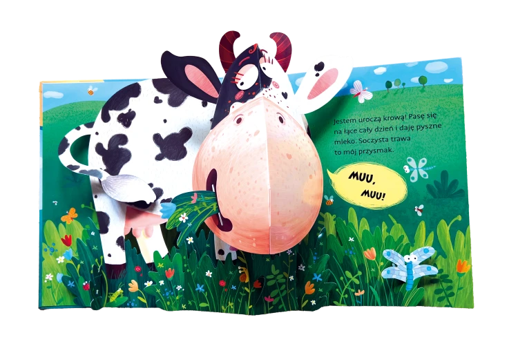 Wnętrze książki dźwiękowej pop-up pt. Witamy na farmie przedstawiające krówkę na pastwisku