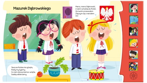 Wnętrze książki dźwiękowej pt. Moja polska z widocznym z panelem dźwiękowym przedstawiające dzieci śpiewające w klasie