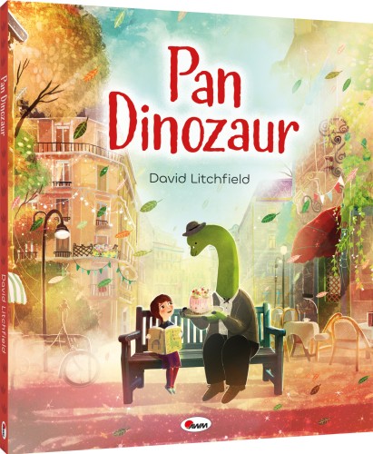 Okładka 3D książki pt. Pan Dinozaur widocznym przedstawiająca dinozaura z tortem siedzącego na ławce i spoglądającego na dziewczynkę z ksiażką