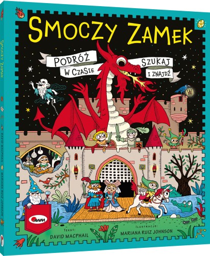 Okładka 3D książki pt. Smoczy zamek przedstawiająca czerwonego smoka, średniowieczny zamek i jego mieszkańców