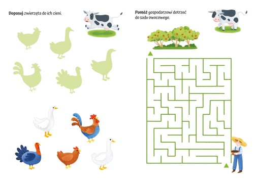 Wnętrze książki z wypukłymi naklejkami Zagadkowy zawrót głowy. Na wsi przedstawiające zadania z dopasowywaniem ilustracji do cieni oraz labiryntem
