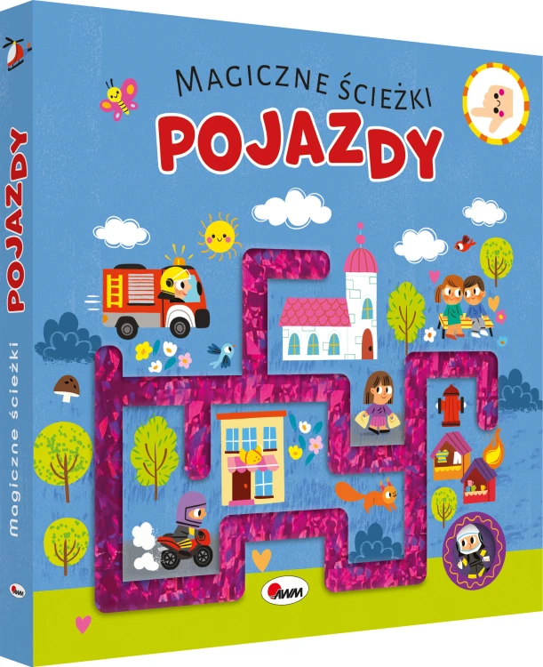 Okładka 3D z wyciętą błyszczącą ścieżką książki pt. Magiczne ścieżki. Pojazdy przedstawiająca miejski krajobraz