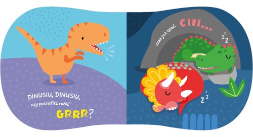 Wnętrze książki pt. Mięciutka książeczka pacynka. Dinozaury przedstawiające jednego dinozaura warczącego i dwa śpiące w jaskini