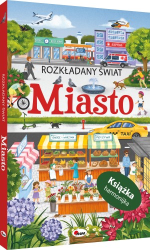 Okładka 3D książki w formie harmonijki pt. Rozkładany świat. Miasto przedstawiająca fragment miasta ze sklepami ulicą i bazarem oraz ludzi