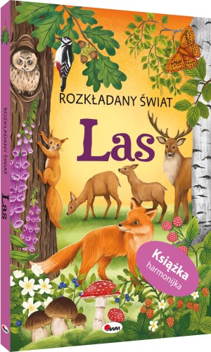 Okładka 3D książki w formie harmonijki pt. Rozkładany świat. Las przedstawiająca zwierzęta i rośliny występujące w lesie