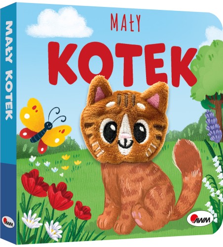 Okładka 3D książki z pacynką pt. Mały kotek przedstawiająca kotka z motylkiem na łące