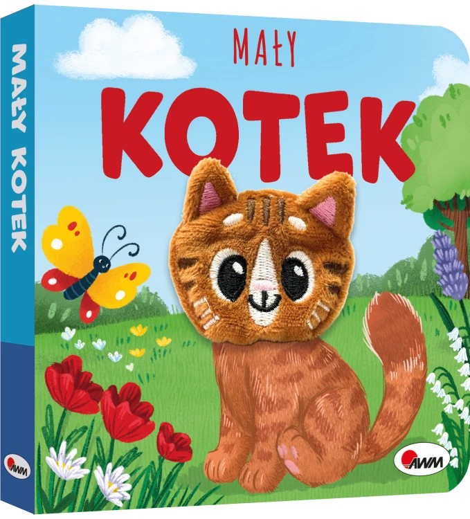 Okładka 3D książki z pacynką pt. Mały kotek przedstawiająca kotka z motylkiem na łące