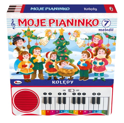 Okładka 3D książki z panelem dźwiękowym pt. Moje pianinko. Kolędy przedstawiająca choinkę, kolędników oraz Jezuska z żłóbku