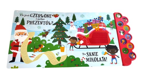 Wnętrze książki z panelem dźwiękowym pt. Dotknij i poczuj. Gwiazdka przedstawiające Mikołaja z listą prezentów oraz jego sanie