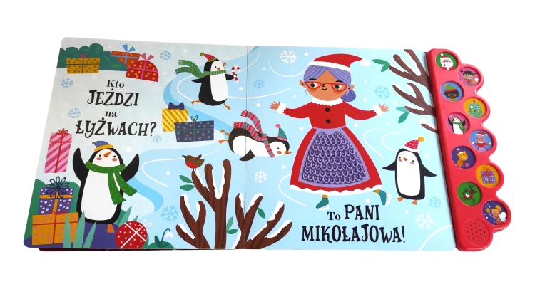 Wnętrze książki z panelem dźwiękowym pt. Dotknij i poczuj. Gwiazdka przedstawiające Panią Mikołajową, pingwiny i prezenty