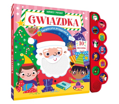 Okładka 3D książki z panelem dźwiękowym pt. Dotknij i poczuj. Gwiazdka przedstawiająca choinkę, Mikołaja i elfy