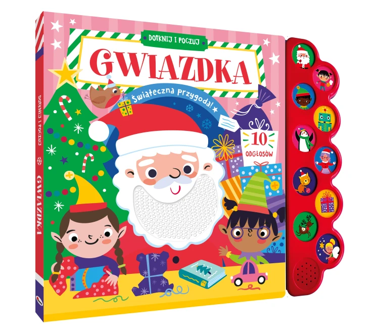 Okładka 3D książki z panelem dźwiękowym pt. Dotknij i poczuj. Gwiazdka przedstawiająca choinkę, Mikołaja i elfy