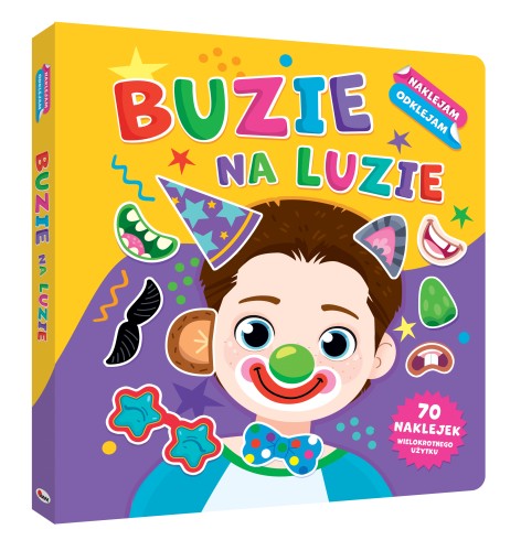 Okładka 3D książki z naklejkami wielokrotnego użytku pt. Buzie na luzie z serii Naklejam, odklejam przedstawiająca chłopca z różnymi elementami przebrania