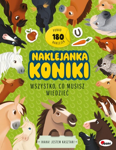 Okładka książki z naklejkami  pt. Naklejanka. Koniki przedstawiająca głowy różnych koni