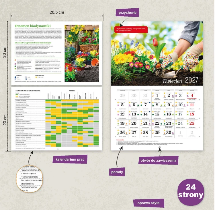 Wizualizacja kalendarza albumowego pt. Kalendarz biodynamiczny na 2027 rok przedstawiająca wybrane kalendarium, zdjęcie oraz opisy