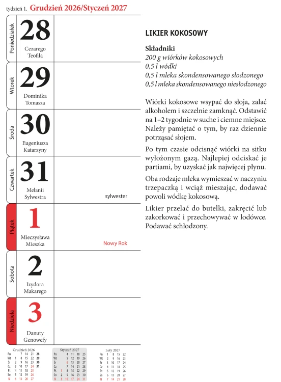 Wnętrze kalendarza paskowego pt. Nalewki na 2027 rok przedstawiające wybrane kalendarium oraz przepis na nalewkę